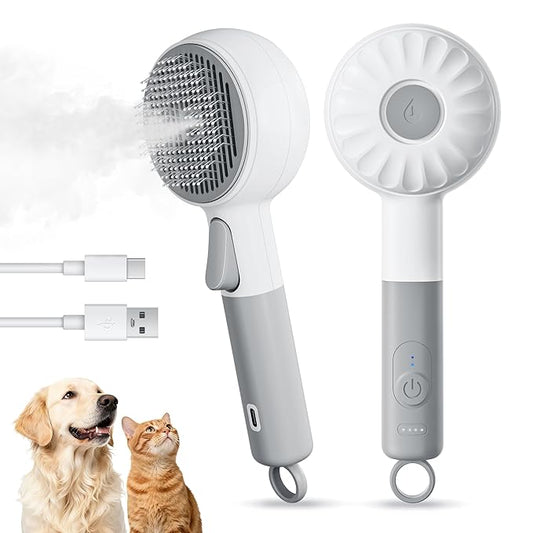 Pet Spray Brush for Cats & Dogs, 3-in-1 Grooming Tool with Steam Mist, 2-Speed Spray Settings, Removes Dander & Deshedding, One-Touch Self-Cleaning Hair Brush, for Long Short Hair Pets