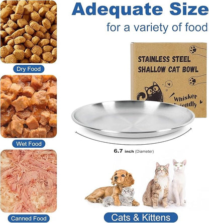 Supet Cat Plates for Wet Food, Non Slip Whisker Friendly Food Bowls, Stainless Steel Shallow Wide Dishes for Indoor Cats (13Oz, 10Pcs)