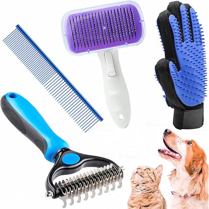 Dog Grooming Kit with Self Cleaning Slicker Brush, Pet Hair Remover Massage Gloves, Shedding Dematting Steel Comb for Long & Short Haired Cats Dogs, 4 Count