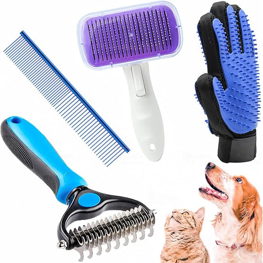 Dog Grooming Kit with Self Cleaning Slicker Brush, Pet Hair Remover Massage Gloves, Shedding Dematting Steel Comb for Long & Short Haired Cats Dogs, 4 Count