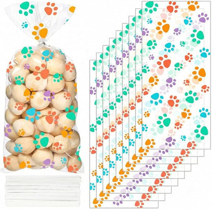 Blulu 100 Pieces Dog Treat Bags Puppy Party Favor Pet Paw Cone Cellophane Bags Candy Heat SealableDog Paw Gift with 100 Pieces Silver Twist Ties for Pet Cat Treat Party Favor (Spring Colors)