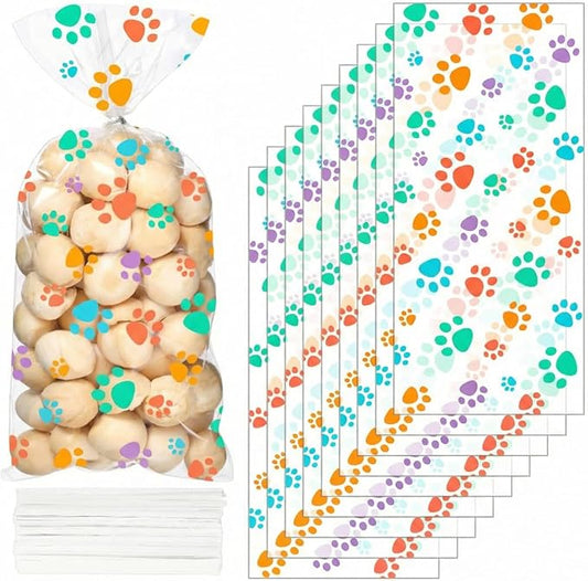 Blulu 100 Pieces Dog Treat Bags Puppy Party Favor Pet Paw Cone Cellophane Bags Candy Heat SealableDog Paw Gift with 100 Pieces Silver Twist Ties for Pet Cat Treat Party Favor (Spring Colors)