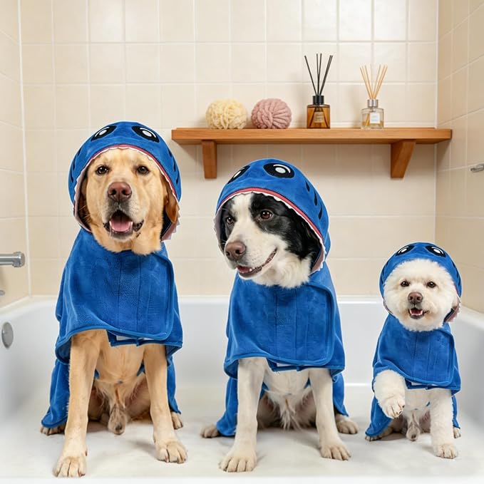 SCENEREAL Dog Bathrobe Fast Drying Towel Microfiber Dog Towel Robe with Hook and Loop Closure & Wrap Tie Snuggle, Super Absorbent Pet Cat Dog Bath Robe Drying Coat, Shark Hood 2XL
