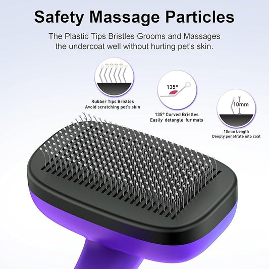 Self Cleaning Slicker Brush for Dog, Cat, Skin Friendly Shedding & Grooming Tool for Long and Short Haired Pets, Easy Clean Retractable Bristles, Purple