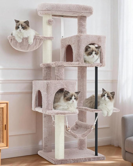 Gitelsnour 51.2'' Cat Tree Tower, Cat Tower with Scratching Post, Sturdy Steel Pube Cat Tree for Inoor Cats Large Adult, Cat Hammock and Basket, Padding Top Platform, Mushroom GCT014MU