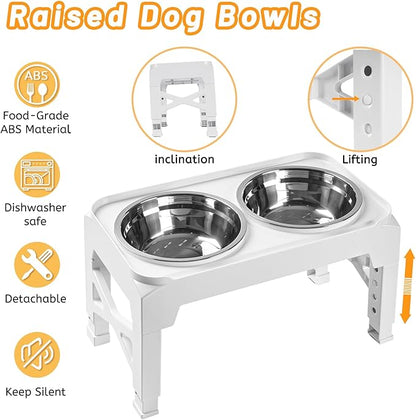 Hubulk Elevated Dog Bowls with 2 Stainless Steel Dog Food & Water Raised Bowls with No Spill Edge Non-Slip Stand Adjusts to 3 Heights(2.75", 6.0", 7.5") for Small Medium Dogs and Pet