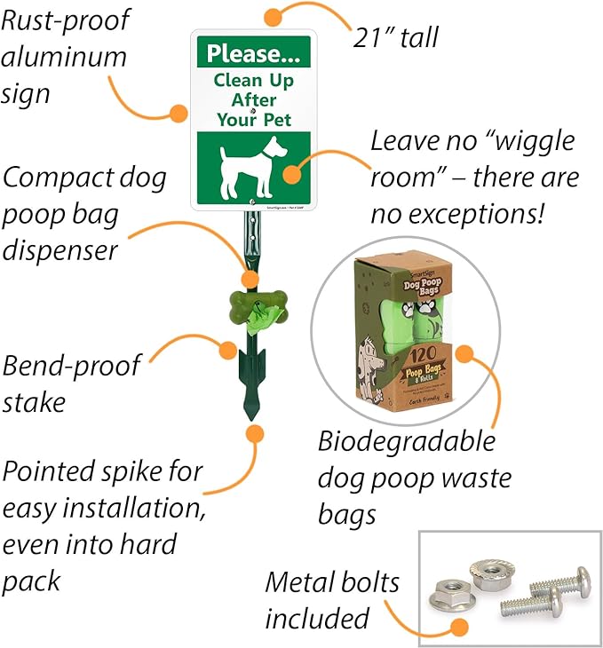 SmartSign Please Clean Up After Your Pet Yard Sign & Clip-On Preloaded Dispenser Combo/Kit with 135 Dog Poop Waste Bags, 7"x10" Rust-proof Aluminum Sign with 18-inch Steel Stake