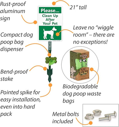 SmartSign Please Clean Up After Your Pet Yard Sign & Clip-On Preloaded Dispenser Combo/Kit with 135 Dog Poop Waste Bags, 7"x10" Rust-proof Aluminum Sign with 18-inch Steel Stake