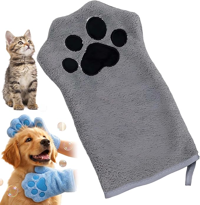 Paw Bathing Towel for Cats Puppy, Machine-Washable Reusable Pet Grooming Towel - Soft, Absorbent Quick-Dry Bath Mitt for Dirt Odor Removal, Daily Care & Travel (Grey)