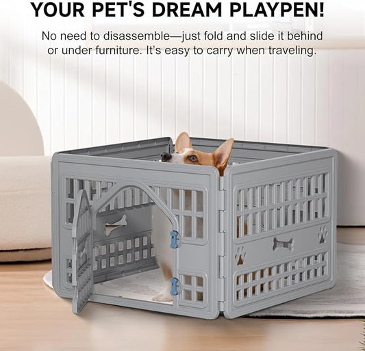 DRATO Dog Pet Playpen Gate for Dogs Cats Safe Secure Indoor Outdoor Pet Fence with Gate Easy to Clean Keep Pets Secure (Gray, 33.54 * 33.54 * 23.82, 4)