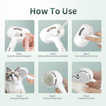 Pet Steam Brush for Dogs and Cats, 3-in-1 Self-Cleaning Deshedding & Grooming Spray Comb, Anti-Static USB Rechargeable with Cool Mist, for Long & Short Hair Pets (White)