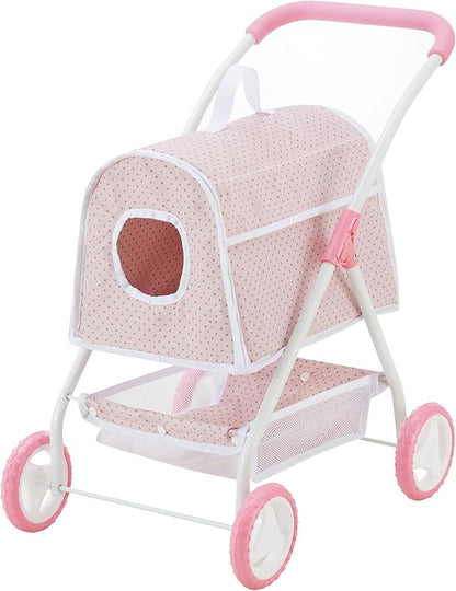 Olivia's Little World Polka Dots Princess Doll Animal Stroller with Detachable Toy Pet Carrier - Pet Doll Pram for 3 yrs and Up - Pink/Gray