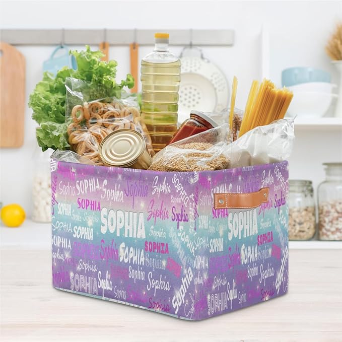Personalized Name Storage Basket with Handles, Canvas Storage Bins Toys Clothes Organizer for Bedroom, Kitchen, Bathroom, Nursery, Shelves, Closets, Purple Blue Galaxy with Stars