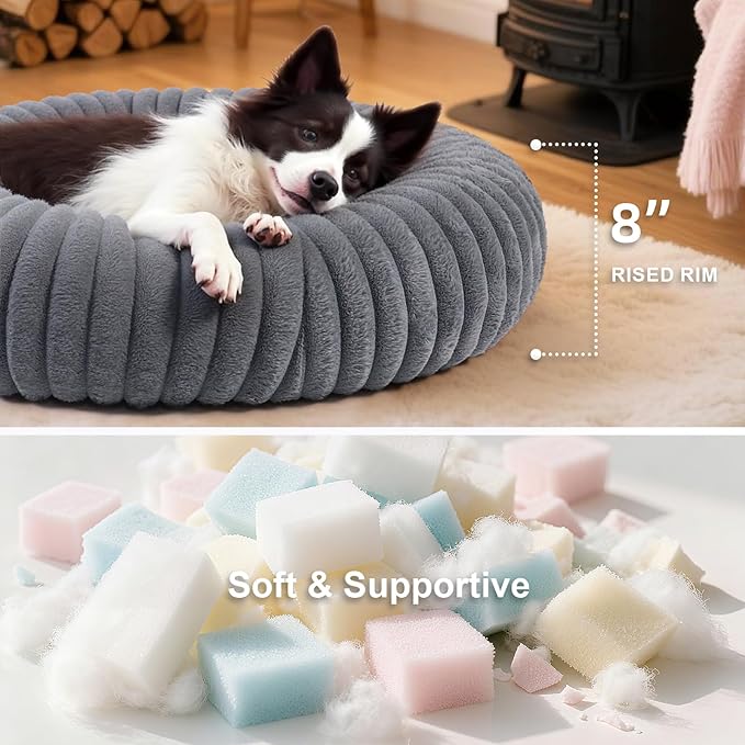 Calming Dog Bed Anti-Anxiety Donut Dog Beds for Small Medium Large Dogs,Washable Plush Fluffy Indoor Cat Kitten Round Cuddler Cushion (Deep Grey, Medium)