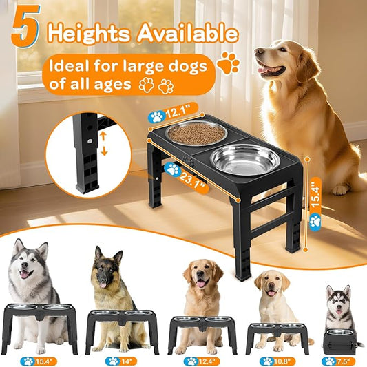 Elevated Dog Bowls for Large Dogs 5 Adjustable Heights 7.5"-15.4", 2 X-Large 10” Stainless Steel Bowls, Heavy Duty Raised Dog Bowl Stand Foldable Pet Feeder for Dogs Shoulder Height Over 15”, Black