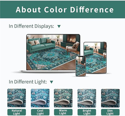 Ciicool Washable Runner Rug Nonslip, 2'x6' Teal Hallway Rug Non-Slip Vintage Kitchen Rugs Carpet Runner for Bedroom Laundry Bathroom Decor