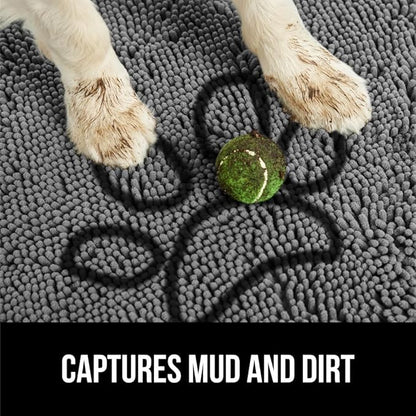 GORILLA GRIP SoakSTOPPER Dog Door Mat, 48x30 Machine Washable Rug Absorbent Doormat Captures Moisture Mud Dirt, Quick Dry Soft Chenille Entryway Rugs Indoor Entrance Mats for Dog Paws, Paw Grey