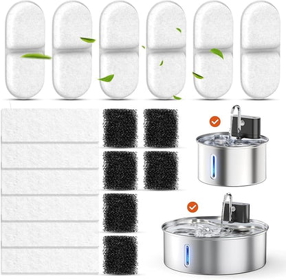 Cat Water Fountain Filter Replacement,18 Pcs(6 Carbon+ 6 Sponge+ 6 Cotton) for Pets Automatic Water Dispenser for Dogs, Compatible with 2.2L/3L/3.2L/3.5L/12L Stainless Steel Cat Fountains