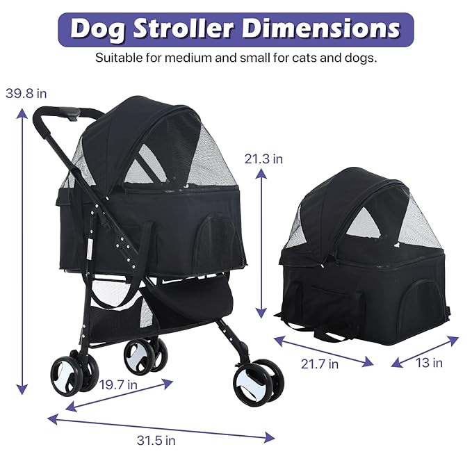 3-in-1 Folding Pet Stroller for Medium Small Dogs & Cats - 3 Wheels, Lightweight Travel Stroller with Detachable Carrier, Black