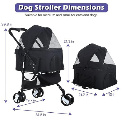 3-in-1 Folding Pet Stroller for Medium Small Dogs & Cats - 3 Wheels, Lightweight Travel Stroller with Detachable Carrier, Black