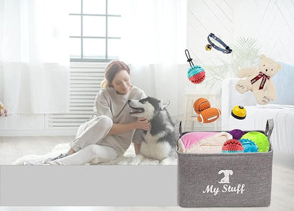 Geyecete Canvas Dog Toy Storage Dog Toy Basket -Box for Dog Toy Bins, Dog Blanket, Dog Clothes Storage - Pet Toy and Accessory Storage Bin-Gray