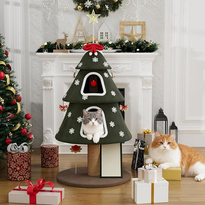 STILLCOVE 53" Large Christmas Cat Tree Tower: Indoor Green Heavy Duty Cat Condo House with Scratching Post & Toys for Xmas Decorations