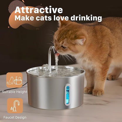 Cat Water Fountain Stainless Steel: 74oz/2.2L Cat Fountain for Drinking - Pet Water Fountain for Cats Inside - Automatic Cat Water Dispenser Bowl - Cat Feeding & Watering Supplies 6 Filters 3 Sponges