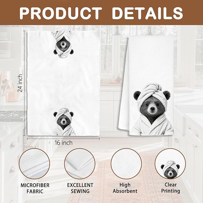 Funny Bear Bathroom Hand Towels, Bear Lovers Gifts for Women, Animal Lover Gifts, Black and White Farmhouse Wild Animal Decorative Hand Towels for Bathroom Decor, 16x24 Inch