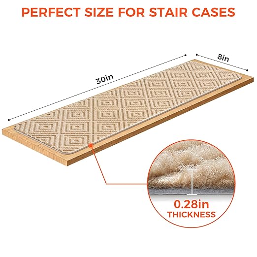 BAGAIL 15 Pack Non-Slip Stair Treads for Wooden Steps, 8"x30" Peel and Stick Carpet Stair Runners, Machine Washable Indoor Step Covers with No-Residue Adhesive for Dogs, Kids & Elderly - Beige