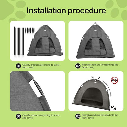Cat and Dog Outdoor Waterproof Tent House - Indoor/Outdoor Cave Nest Bed for Small Dogs, Cats, Bunnies - Washable (Gray, Large)