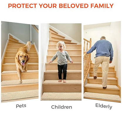 BAGAIL 15 Pack Non-Slip Stair Treads for Wooden Steps, 8"x30" Peel and Stick Carpet Stair Runners, Machine Washable Indoor Step Covers with No-Residue Adhesive for Dogs, Kids & Elderly - Beige