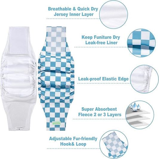 wegreeco Small Dog Diapers Male,Reusable Belly Bands for Male Dogs,Washable Doggie Puppy Male Diapers Wraps,Medium Large Size(5 Pack Small, Blue Coffee Checkerboard)