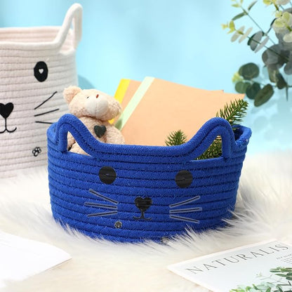 Zopeal Cat Basket Storage Woven Organizer with Ears Easter Decorative Pet Toy Cute Cotton Rope Basket for Gift Cat Dog Toy Bin Nursery Room(8.3 x 4.7 Inch,Royal Blue)
