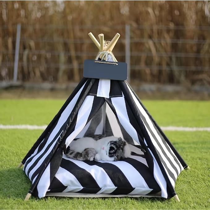 Dog Bed Tent,Portable Pet Tent for Cats or Small Dogs,Removable & Washable,Indoor Dog House with Thick Cushion,Cat Tents for Indoor Cats,Soft,Cozy,Pet Teepee,Dog Cabana Outdoor(White&Black)