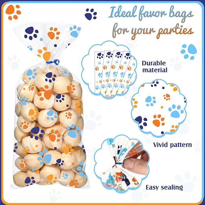 Blulu 100 Pieces Dog Treat Bags Puppy Party Favor Pet Paw Cone Cellophane Bags Candy Heat Sealable Dog Paw Gift with 100 Pieces Silver Twist Ties for Pet Cat Treat Party Favor (Blue and Orange)