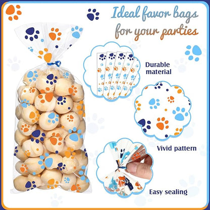 Blulu 100 Pieces Dog Treat Bags Puppy Party Favor Pet Paw Cone Cellophane Bags Candy Heat Sealable Dog Paw Gift with 100 Pieces Silver Twist Ties for Pet Cat Treat Party Favor (Blue and Orange)