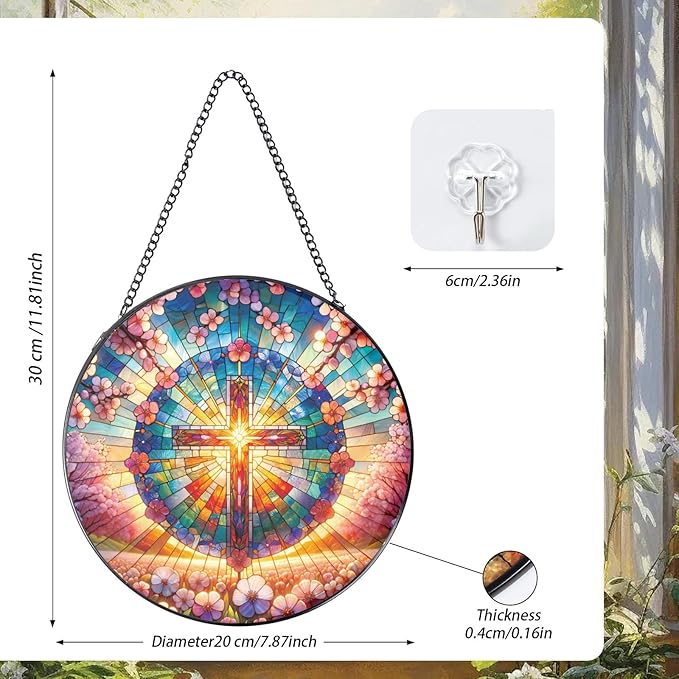 Cross Stained Glass Window Hanging, 7.8″ Sun Catchers with Hook Indoor Window Decor, Decorative Suncatchers Home Garden Art Gift for Thanksgiving Christmas Housewarming