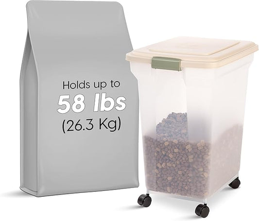 IRIS USA Dog Food Storage Container 58 lbs, Attachable Wheels, for Dog Cat Birds and other Pets, Food Storage Bin, Keep Fresh, Easy Mobility, BPA Free - Made in the USA, Almond/Clear