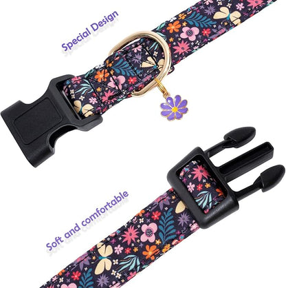 Faygarsle Cotton Designer Dogs Collar Cute Flower Dog Collars for Girl Female Small Medium Large Dogs with Purple Flower Charms L