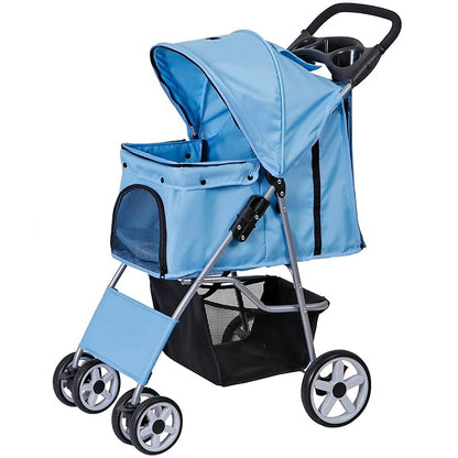 4 Wheels Foldable Pet Dog Cat Jogger Stroller Travel Carrier Strolling Cart w/Waterproof Cover Storage Basket Cup Holder & Removable Liner for Medium Small Cat Dog, Blue