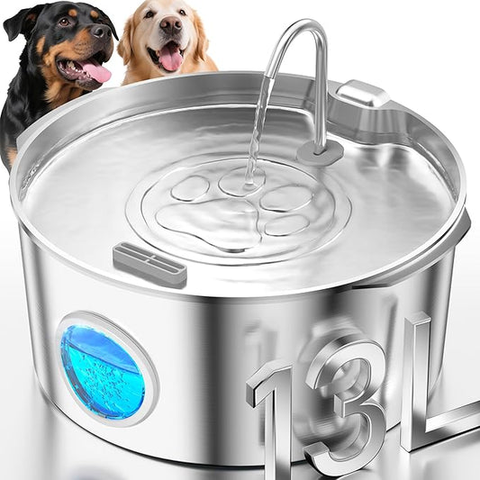 3.4Gal Dog Water Fountain for Large Dogs, Extra Large Stainless Steel Pet Water Fountain, Round Dog Water Bowl Dispenser with Metal Handle, Water Level Window for Multi Pet Home
