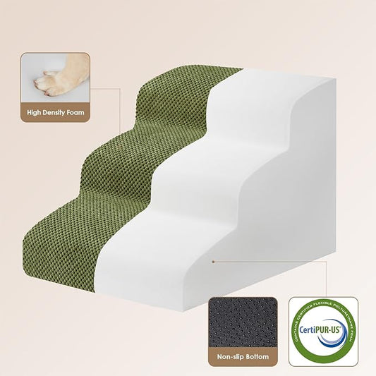 EHEYCIGA Curved Dog Stairs Ramp for Small Dogs 15.7" H, 3-Step Dog Steps for Couch Sofa and Chair, Pet Stairs for Cats, Non-Slip Balanced Pet Steps Indoor, Olive Green