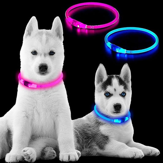 (2 Pack) 360 LED Light Up Dog Collar Rechargeable 3 Modes Pet Safety Lights Necklace for Night Walking TPU Reusable Universal Adjustable Cut to Fit Small, Med, Large (2 Pack Pink+Blue)