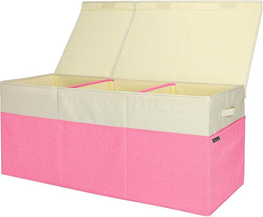 BALEINE Fabric Storage Bins with Lid, Collapsible Extra Large Storage Boxes Bins Baskets with Divider for Home Organizing (37.5"x13"x16", Pink&Beige)