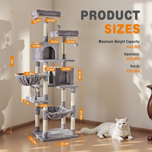 Large Cat Tree 71 Inch, Multi-Level Tall Cat Tree Tower with Condo, Perches, Sisal Scratching Posts and Hammock, Pet Play House with Dangling Balls for Indoor Cats, Light Grey