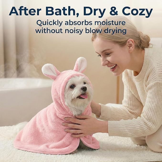 Dog Bathrobe Super Absorbent Towel for Small Dogs Cats Fast Drying Dog Robe Coat with Hood Puppy Cat Bath Towel Wrap Pet Grooming Supplies After Shower (Pink,S)