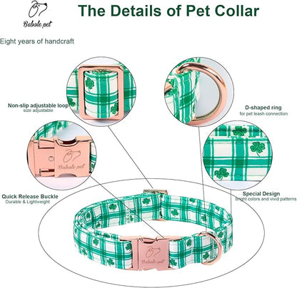 St. Patrick's Day Dog Collar, Vintage Green Plaid & Clover Lucky Dog Collars, Adjustable Heavy Duty Pet Collar for Small Medium Large Dogs with Metal Buckle M