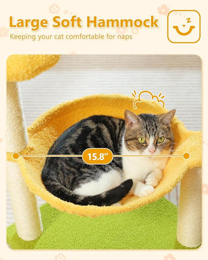 MUTTROS 28" Flower Cat Tree Cute with Flower Top Perch, Large Hammock for Indoor Small Cats, Small Cat Tower with Cute Scratching Post and Fur Toy Ball for Kittens, Yellow