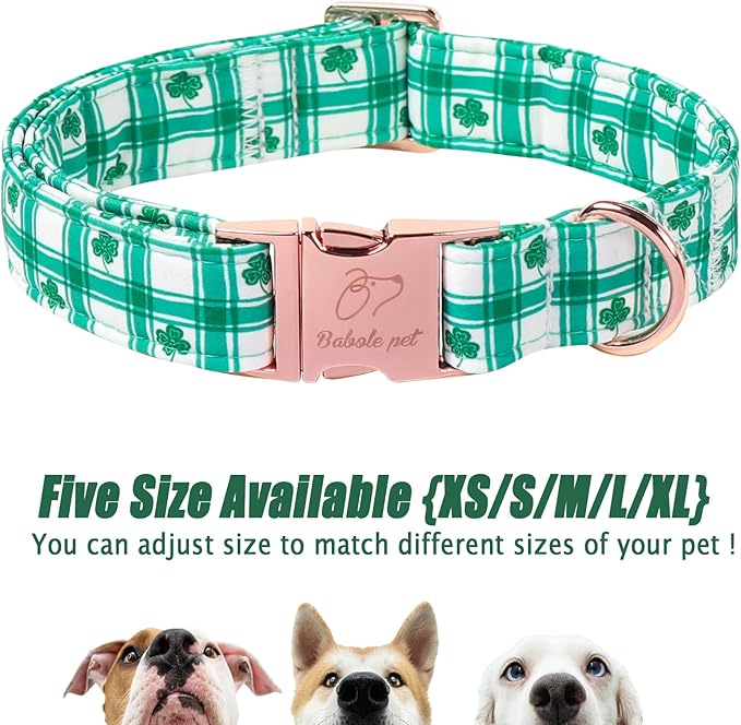 St. Patrick's Day Dog Collar, Vintage Green Plaid & Clover Lucky Dog Collars, Adjustable Heavy Duty Pet Collar for Small Medium Large Dogs with Metal Buckle XS