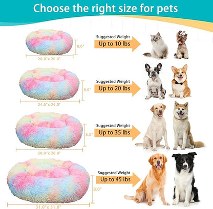 Calming Small Dog Bed, Donut Fluffy Anti-Anxiety Round Washable Cute Bed, Plush Cozy Cuddler Warming Soft Comfort Pet Bed for Small Medium Dogs Cats,28inch, Rainbow
